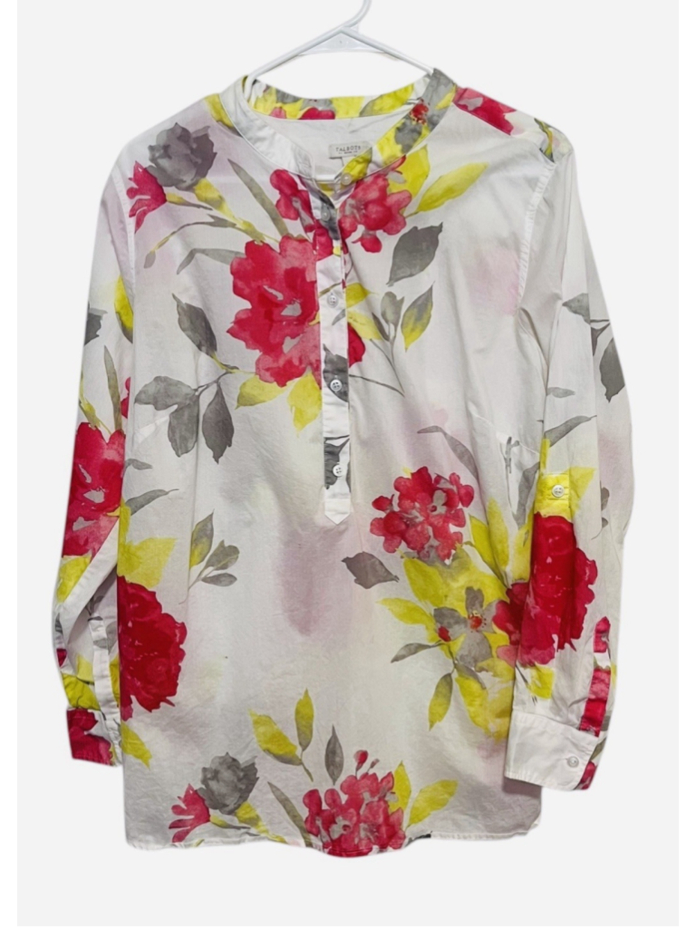 Talbots Floral Tunic Top Women’s 1X White Cotton Lightweight Roll Tab 3/4 Sleeve